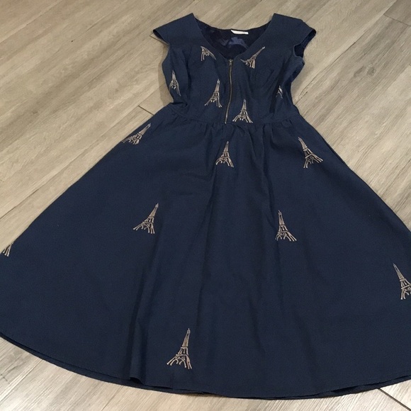 eShakti Navy Blue Eiffel Tower Embroidered A-Line Dress size S - Picture 4 of 14